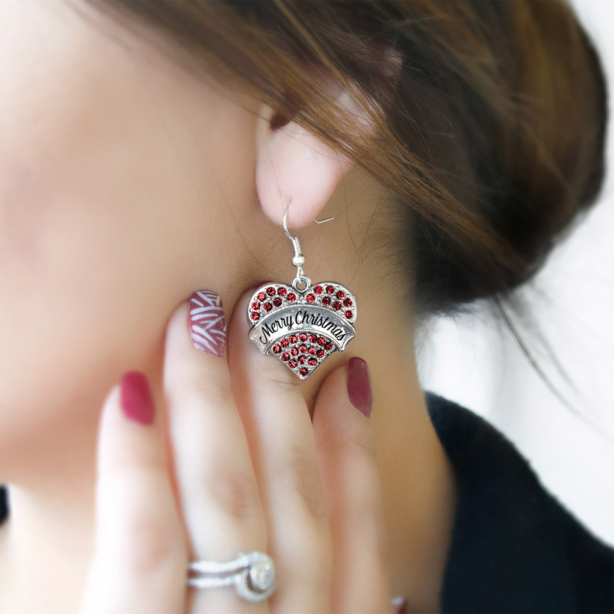 Silver Merry Christmas Red Red Pave Heart Charm Dangle Earrings