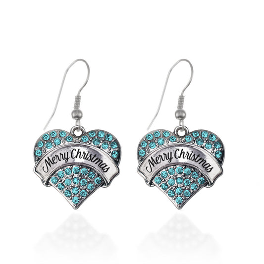 Silver Merry Christmas Aqua Aqua Pave Heart Charm Dangle Earrings