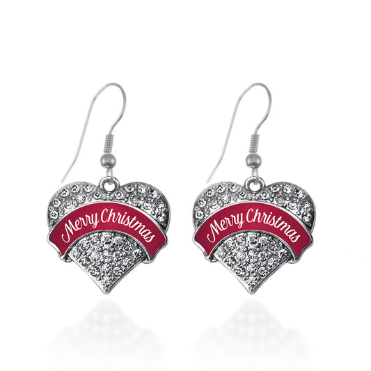 Silver Red Merry Christmas Pave Heart Charm Dangle Earrings