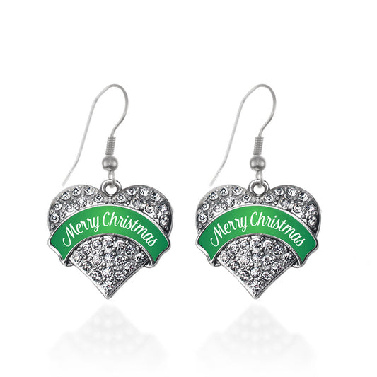 Silver Green Merry Christmas Pave Heart Charm Dangle Earrings