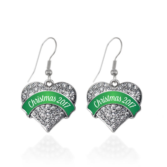 Silver Green Christmas 2017 Pave Heart Charm Dangle Earrings