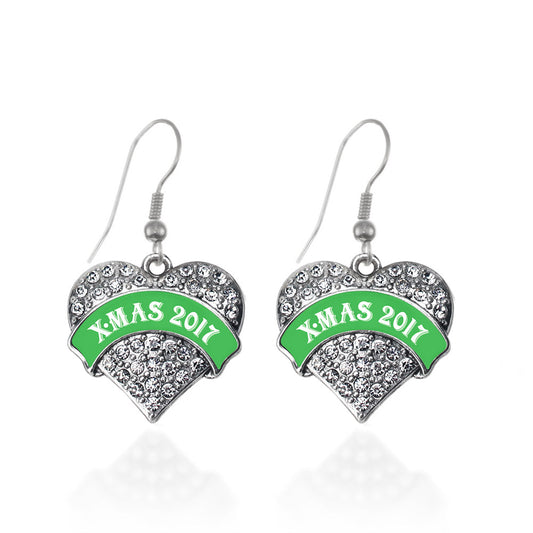 Silver Green X-mas 2017 Pave Heart Charm Dangle Earrings