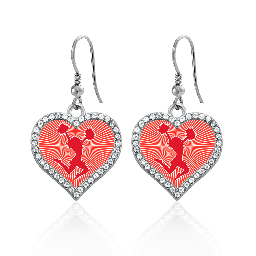 Silver Cheerleader - Red Open Heart Charm Dangle Earrings