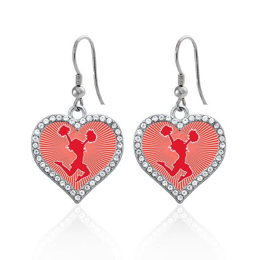 Silver Cheerleader - Red Open Heart Charm Dangle Earrings