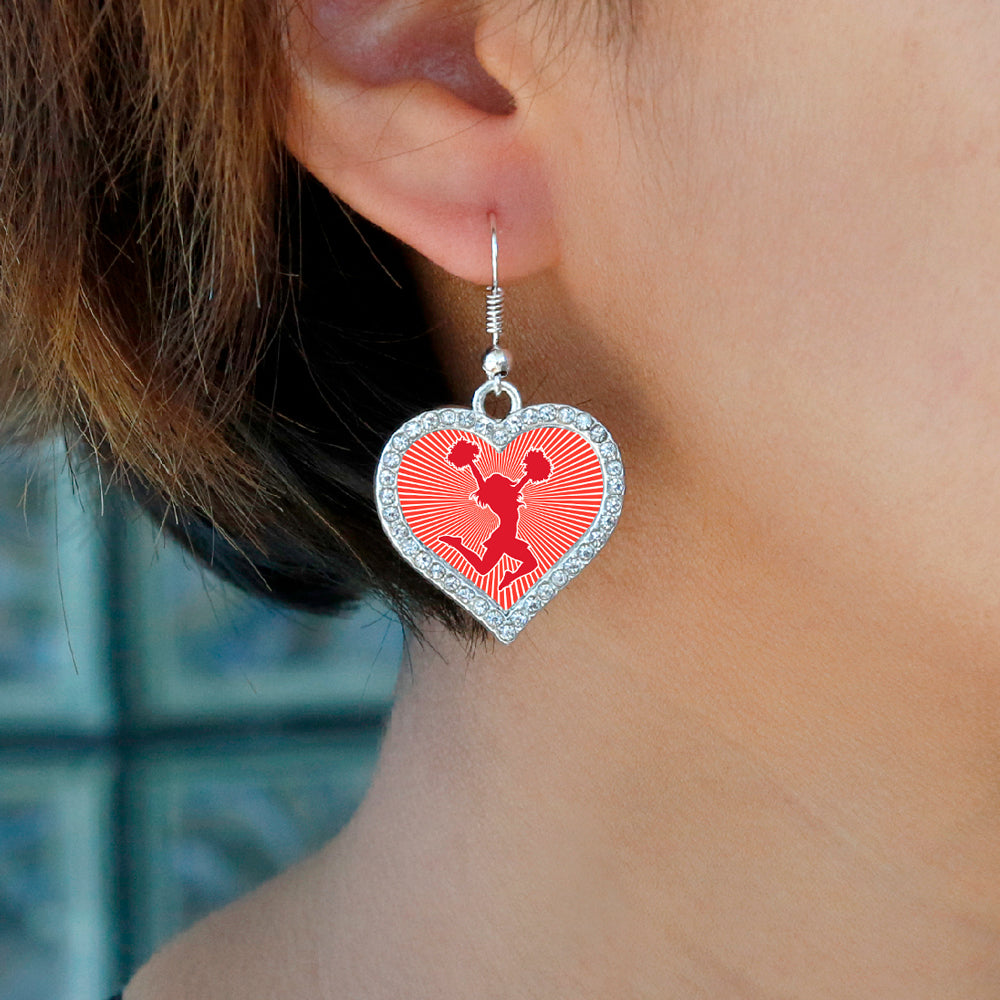 Silver Cheerleader - Red Open Heart Charm Dangle Earrings