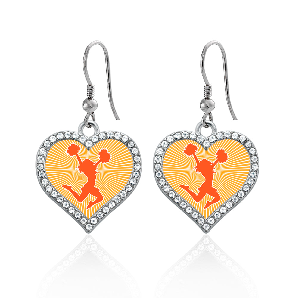 Silver Cheerleader - Orange Open Heart Charm Dangle Earrings
