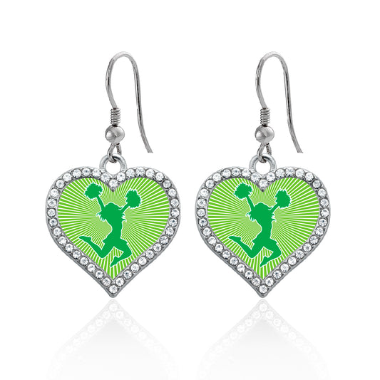 Silver Cheerleader - Green Open Heart Charm Dangle Earrings