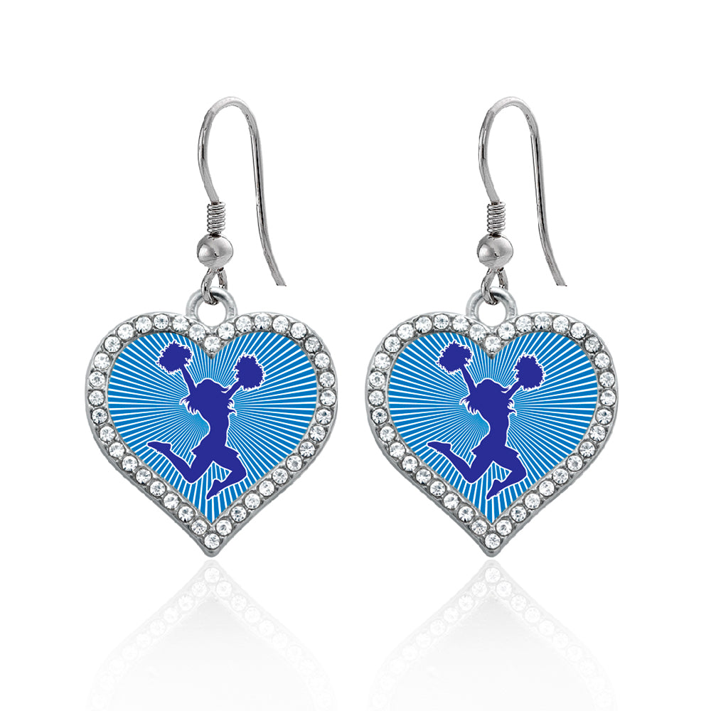 Silver Cheerleader - Blue Open Heart Charm Dangle Earrings