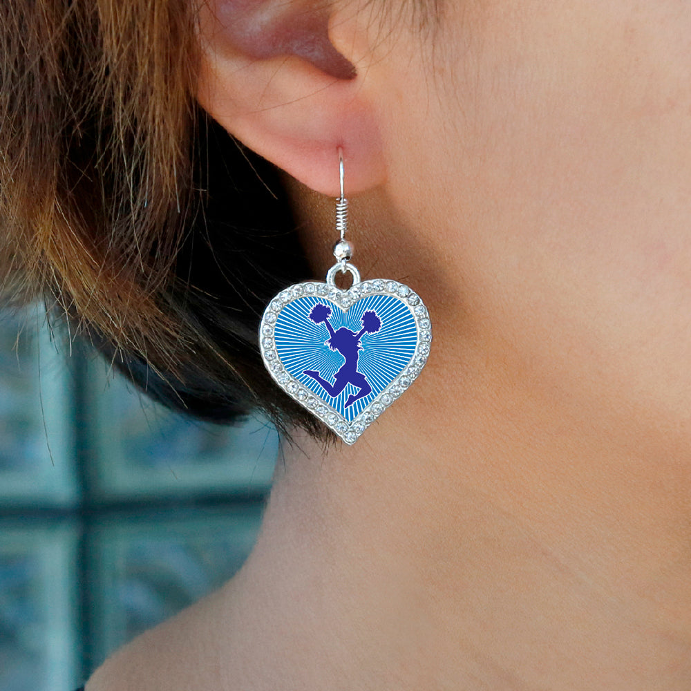 Silver Cheerleader - Blue Open Heart Charm Dangle Earrings