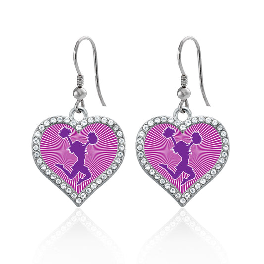 Silver Cheerleader - Purple Open Heart Charm Dangle Earrings