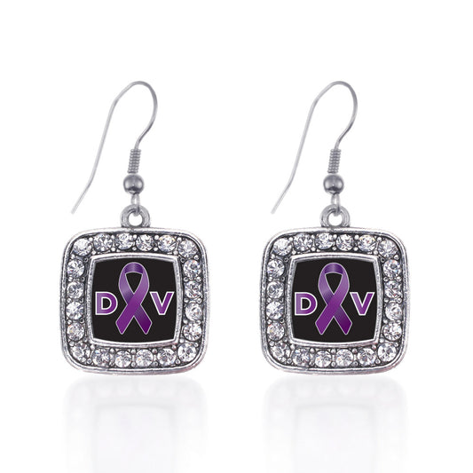 Silver Domestic Violence Support Square Charm Dangle Earrings