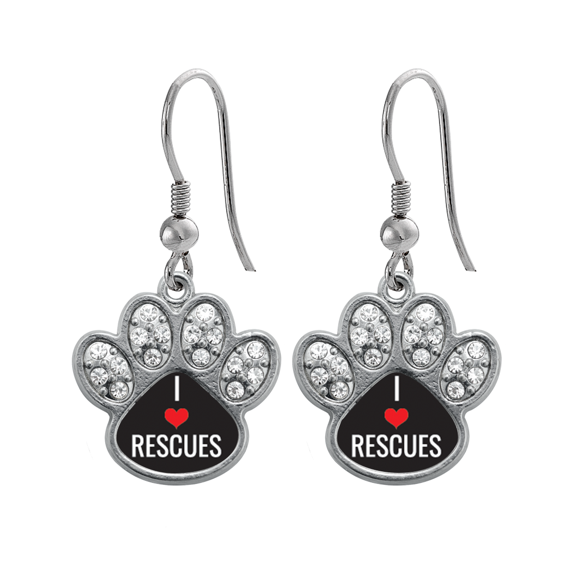 Silver I Heart Rescues Pave Paw Charm Dangle Earrings
