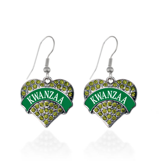 Silver Green Kwanzaa Green Pave Heart Charm Dangle Earrings