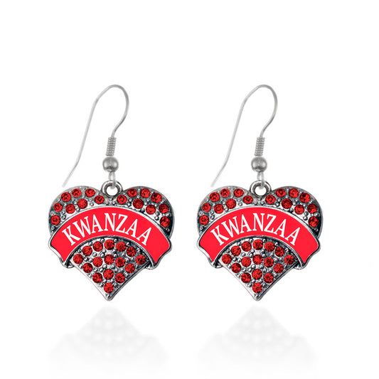 Silver Red Kwanzaa Red Pave Heart Charm Dangle Earrings