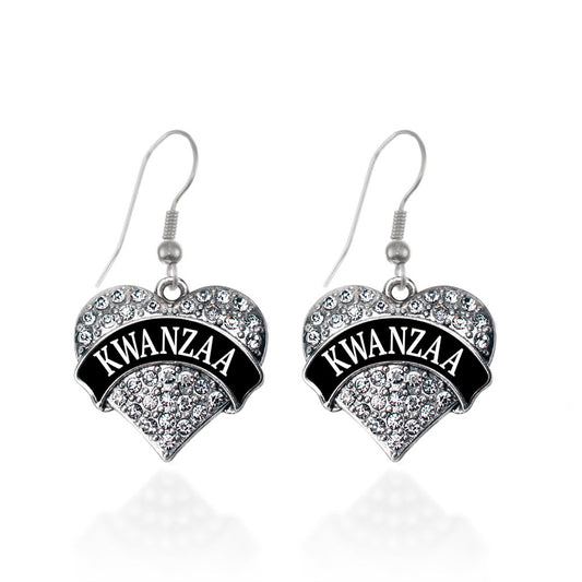 Silver Black Kwanzaa Pave Heart Charm Dangle Earrings