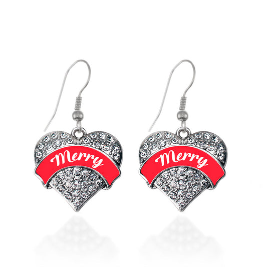Silver Red Merry Pave Heart Charm Dangle Earrings