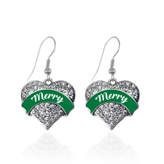 Silver Green Merry Pave Heart Charm Dangle Earrings