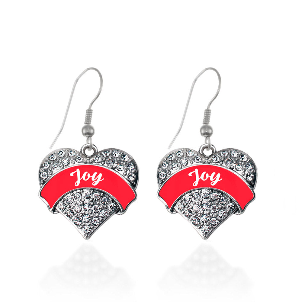 Silver Red Joy Pave Heart Charm Dangle Earrings