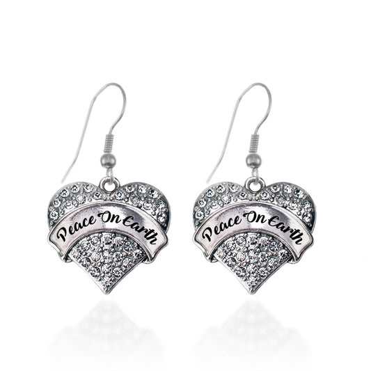 Silver Peace On Earth Pave Heart Charm Dangle Earrings