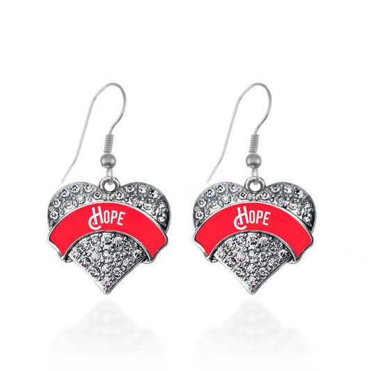 Silver Red Hope Pave Heart Charm Dangle Earrings