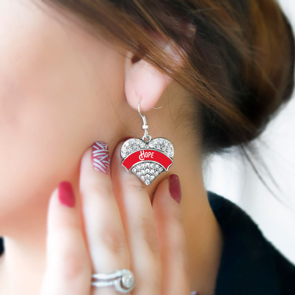 Silver Red Hope Pave Heart Charm Dangle Earrings