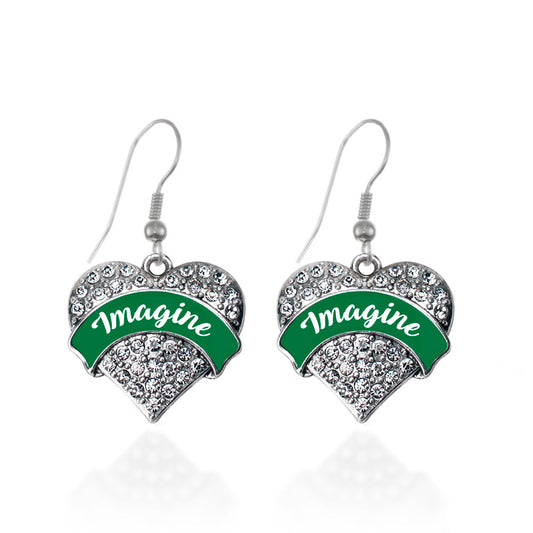 Silver Green Imagine Pave Heart Charm Dangle Earrings