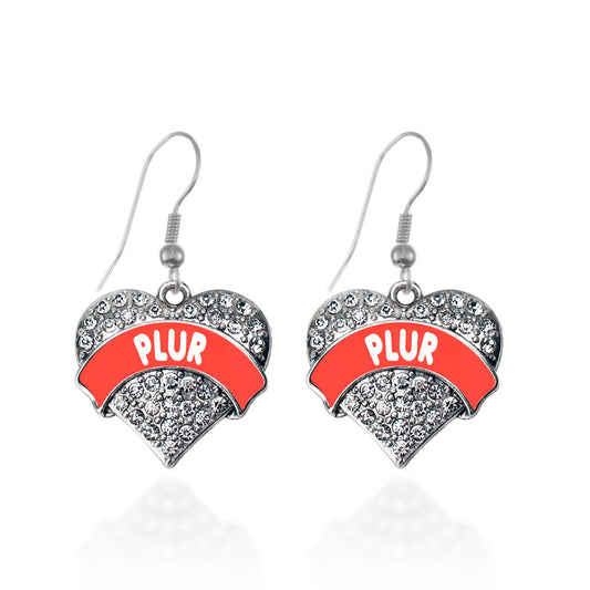 Silver Red PLUR Pave Heart Charm Dangle Earrings