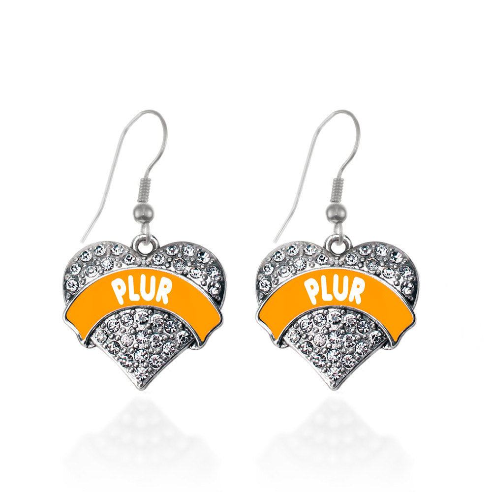 Silver Orange PLUR Pave Heart Charm Dangle Earrings