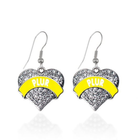 Silver Yellow PLUR Pave Heart Charm Dangle Earrings