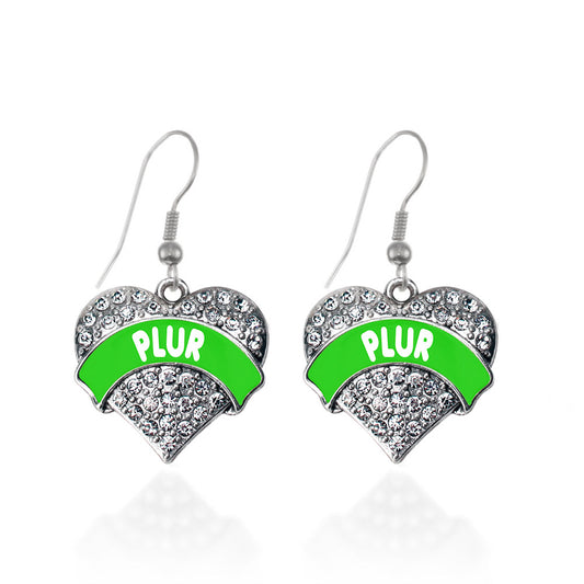 Silver Green PLUR Pave Heart Charm Dangle Earrings