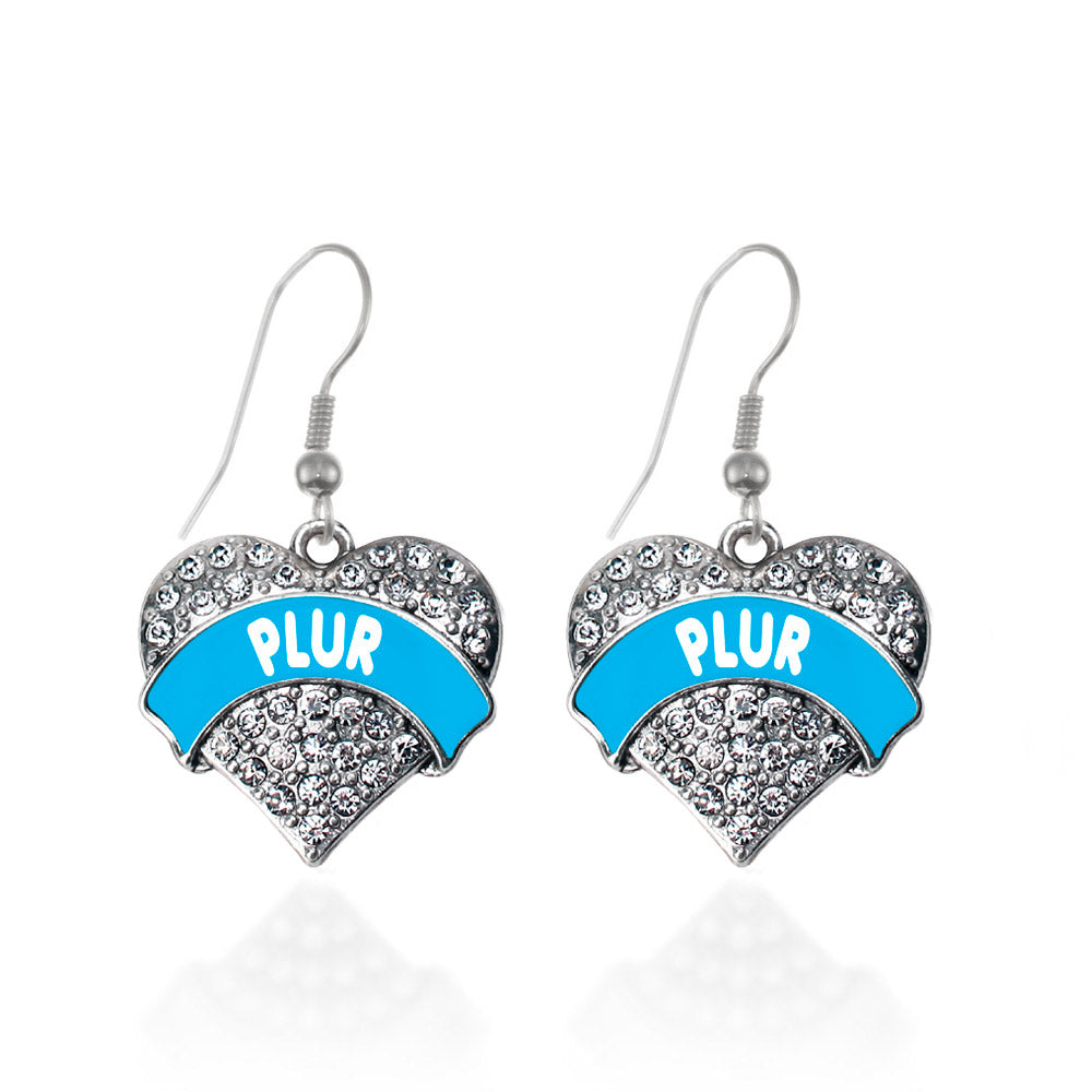 Silver Blue PLUR Pave Heart Charm Dangle Earrings