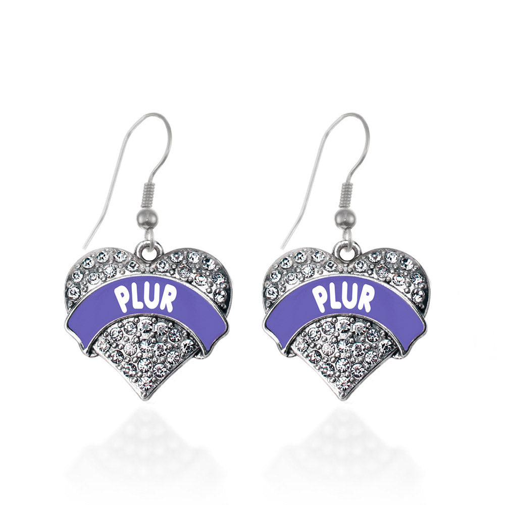 Silver Purple PLUR Pave Heart Charm Dangle Earrings