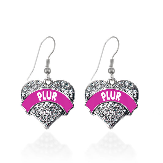 Silver Magenta PLUR Pave Heart Charm Dangle Earrings