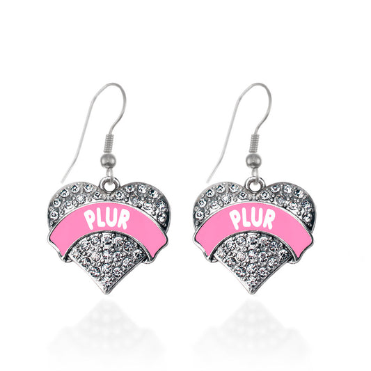 Silver Pink PLUR Pave Heart Charm Dangle Earrings