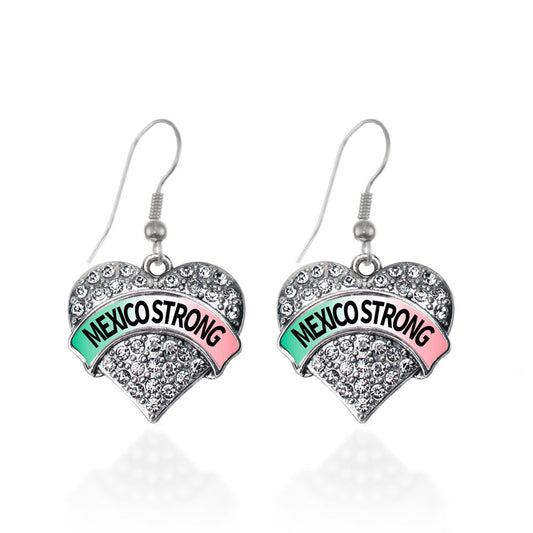 Silver Mexico Strong Pave Heart Charm Dangle Earrings