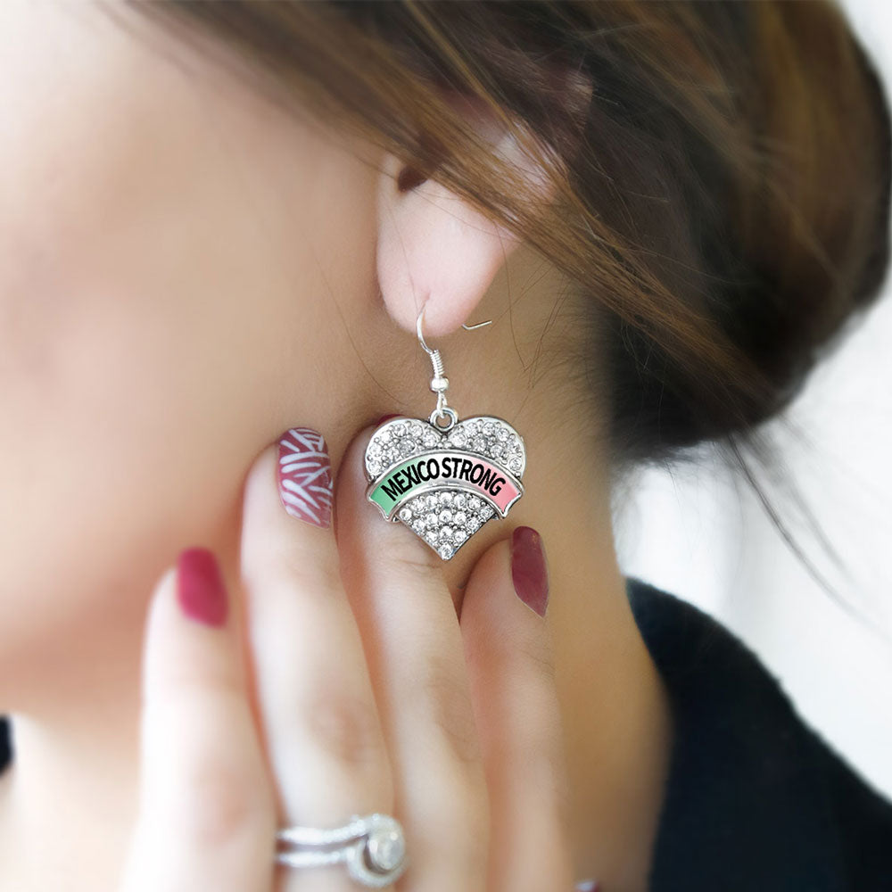 Silver Mexico Strong Pave Heart Charm Dangle Earrings