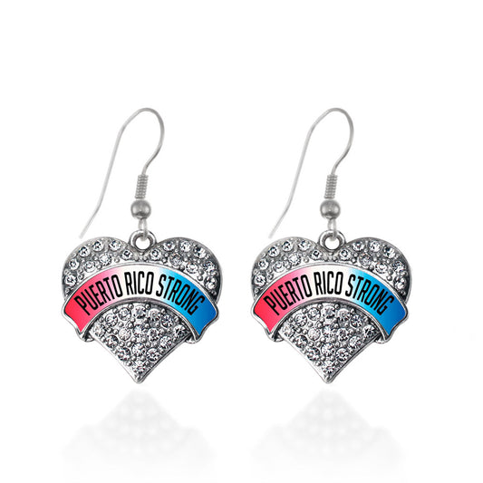 Silver Puerto Rico Strong Pave Heart Charm Dangle Earrings