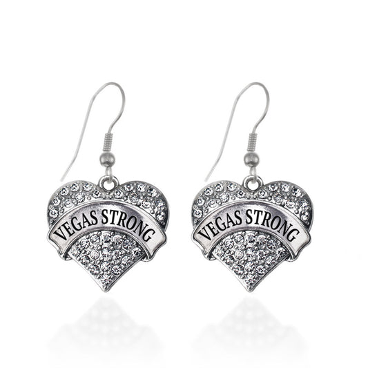 Silver Vegas Strong Pave Heart Charm Dangle Earrings