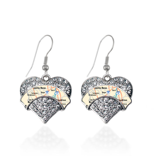 Silver Sonoma Map Pave Heart Charm Dangle Earrings