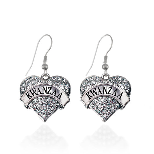 Silver Kwanzaa Pave Heart Charm Dangle Earrings