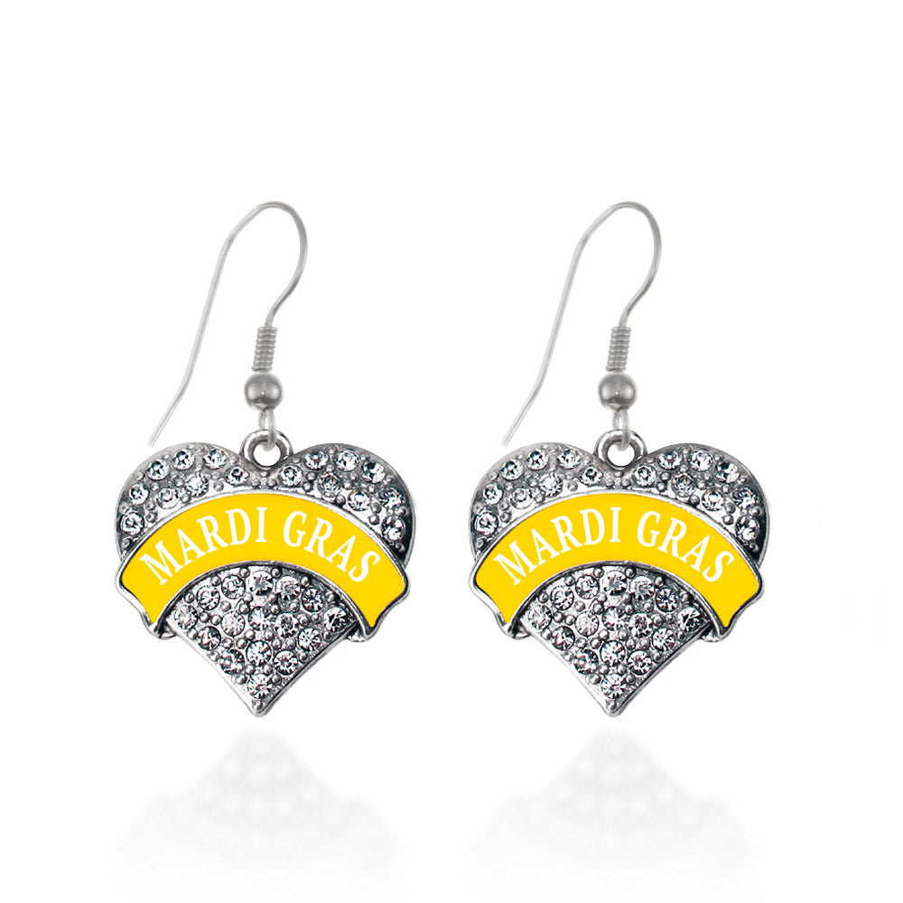 Silver Yellow Mardi Gras Pave Heart Charm Dangle Earrings