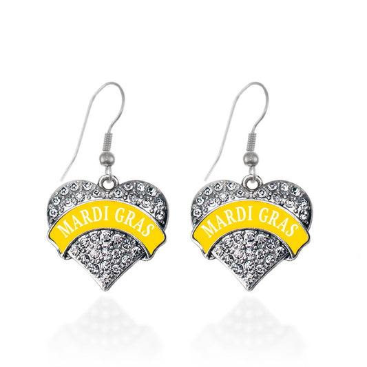 Silver Yellow Mardi Gras Pave Heart Charm Dangle Earrings