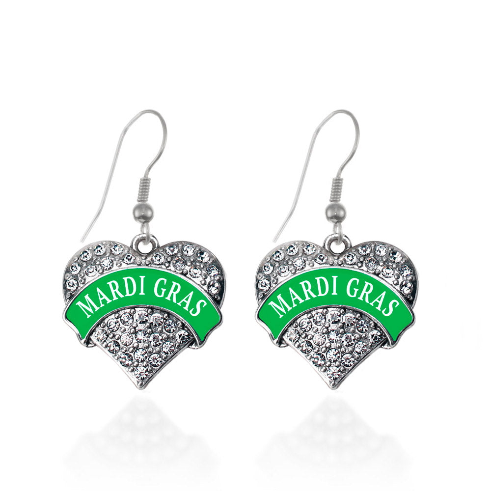 Silver Green Mardi Gras Pave Heart Charm Dangle Earrings