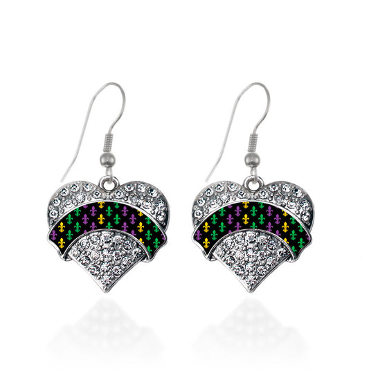 Silver Mardi Gras Pattern Pave Heart Charm Dangle Earrings