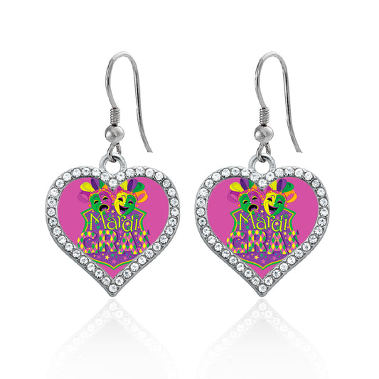Silver Mardi Gras Masks Open Heart Charm Dangle Earrings
