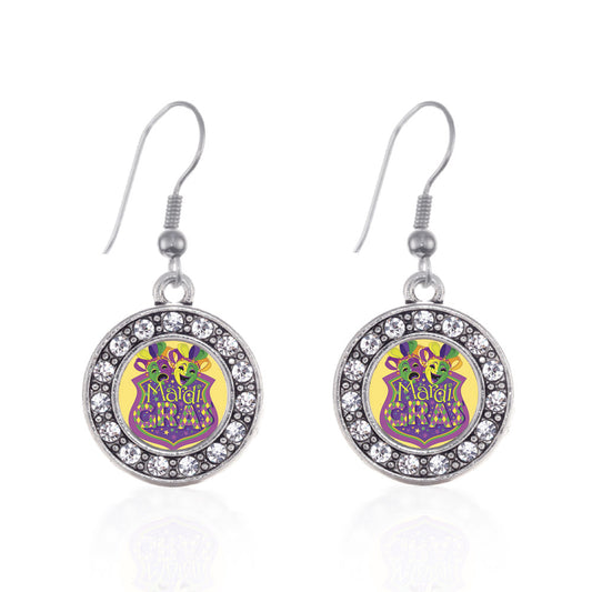 Silver Mardi Gras Masks Circle Charm Dangle Earrings