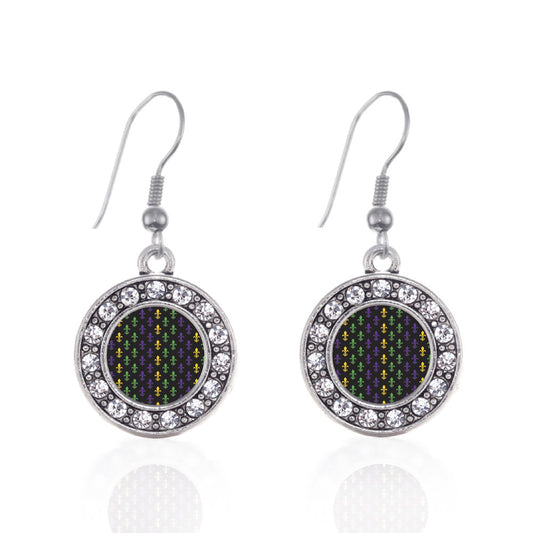 Silver Mardi Gras Pattern Circle Charm Dangle Earrings