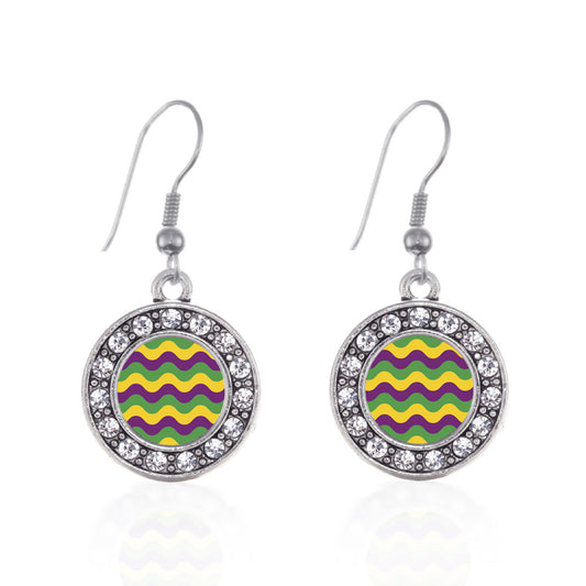 Silver Mardi Gras Wave Pattern Circle Charm Dangle Earrings