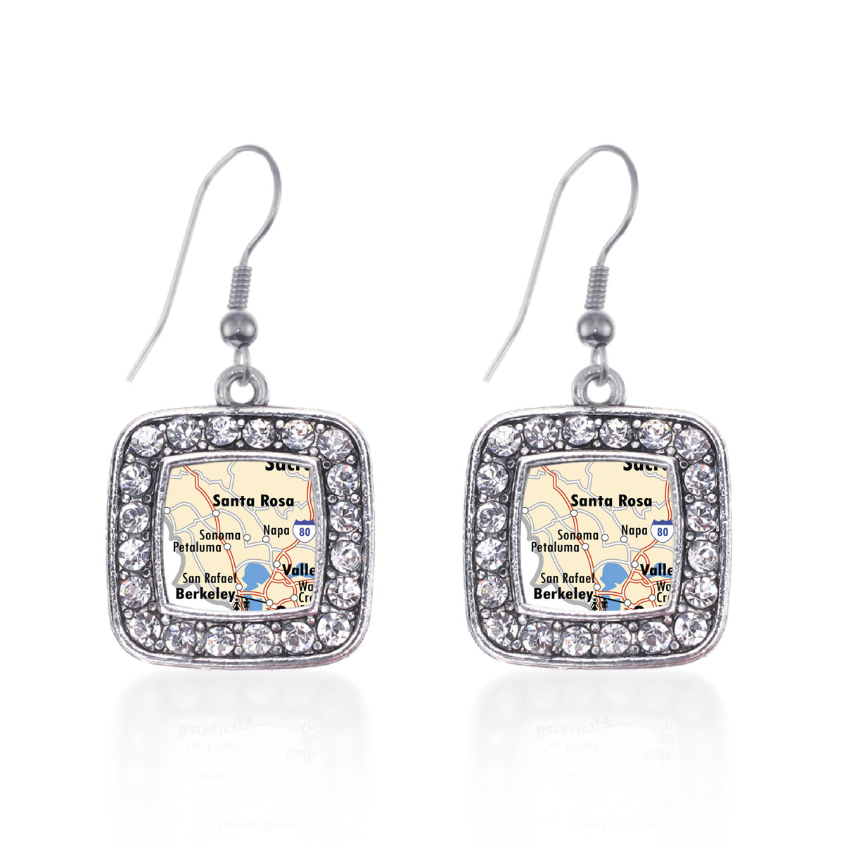 Silver Sonoma Map Square Charm Dangle Earrings