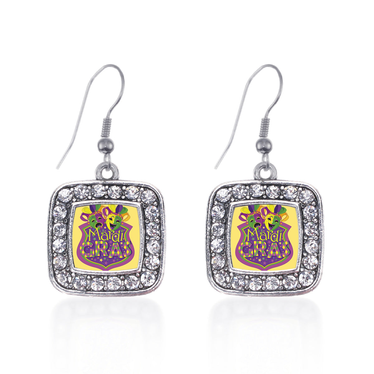 Silver Mardi Gras Masks Square Charm Dangle Earrings